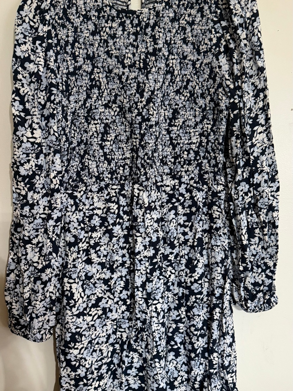 Old Navy Navy and White Floral Smocked Long Sleeve Dress